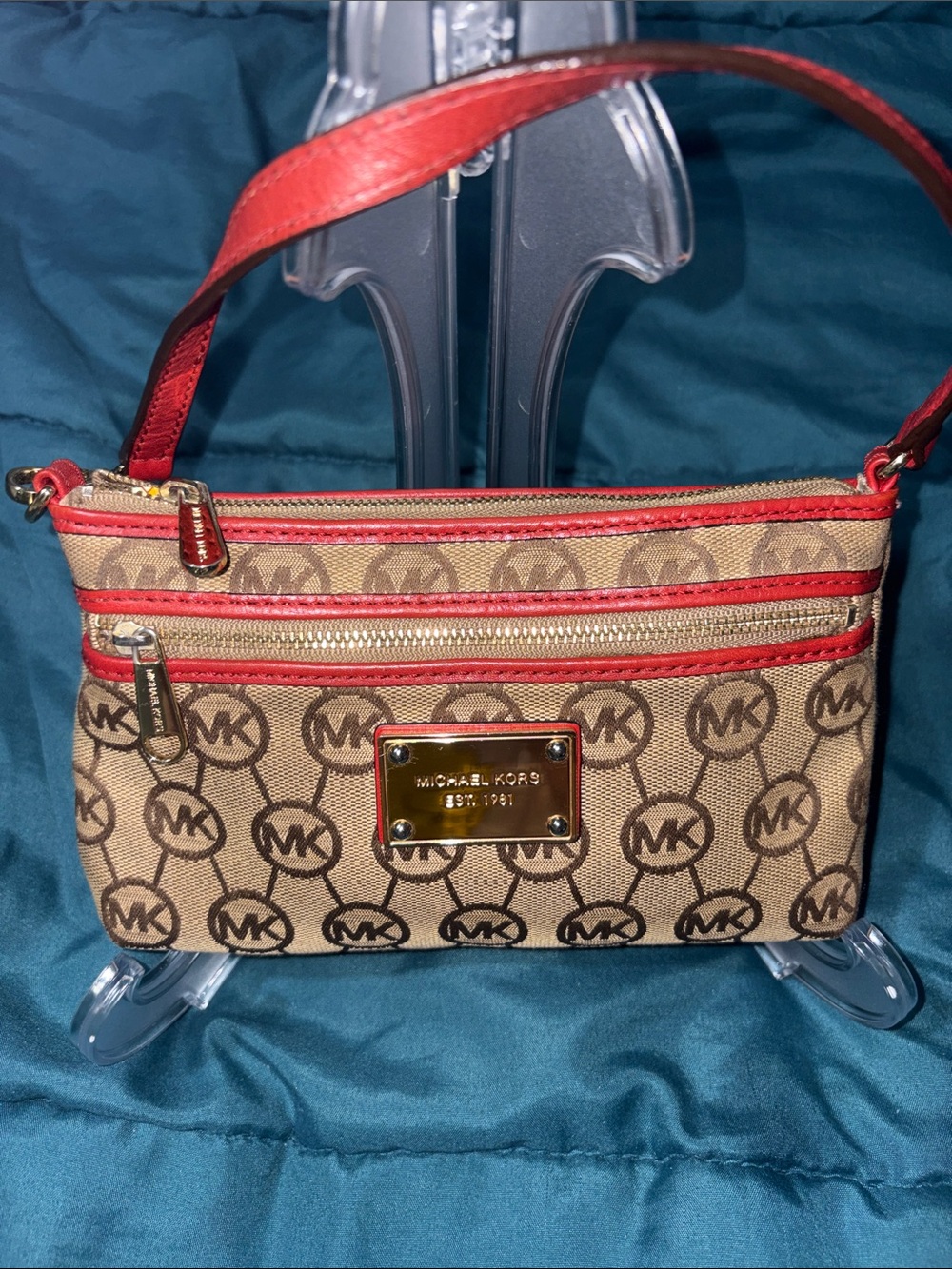 Michael Kors Beige Logo Mini Bag with Red Trim